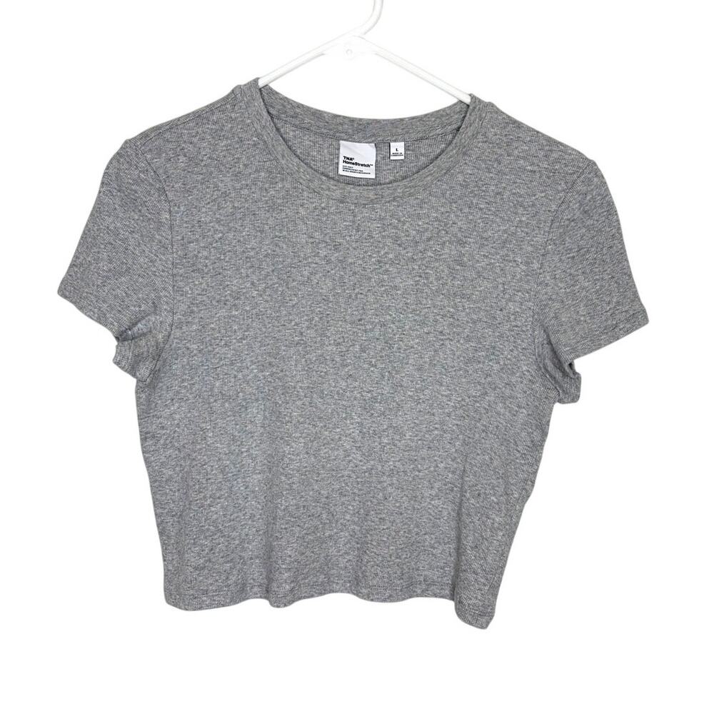 Aritzia TNA Homestretch™ Rib Crew T-Shirt Sz L Gray Cropped Casual Neutral Boho